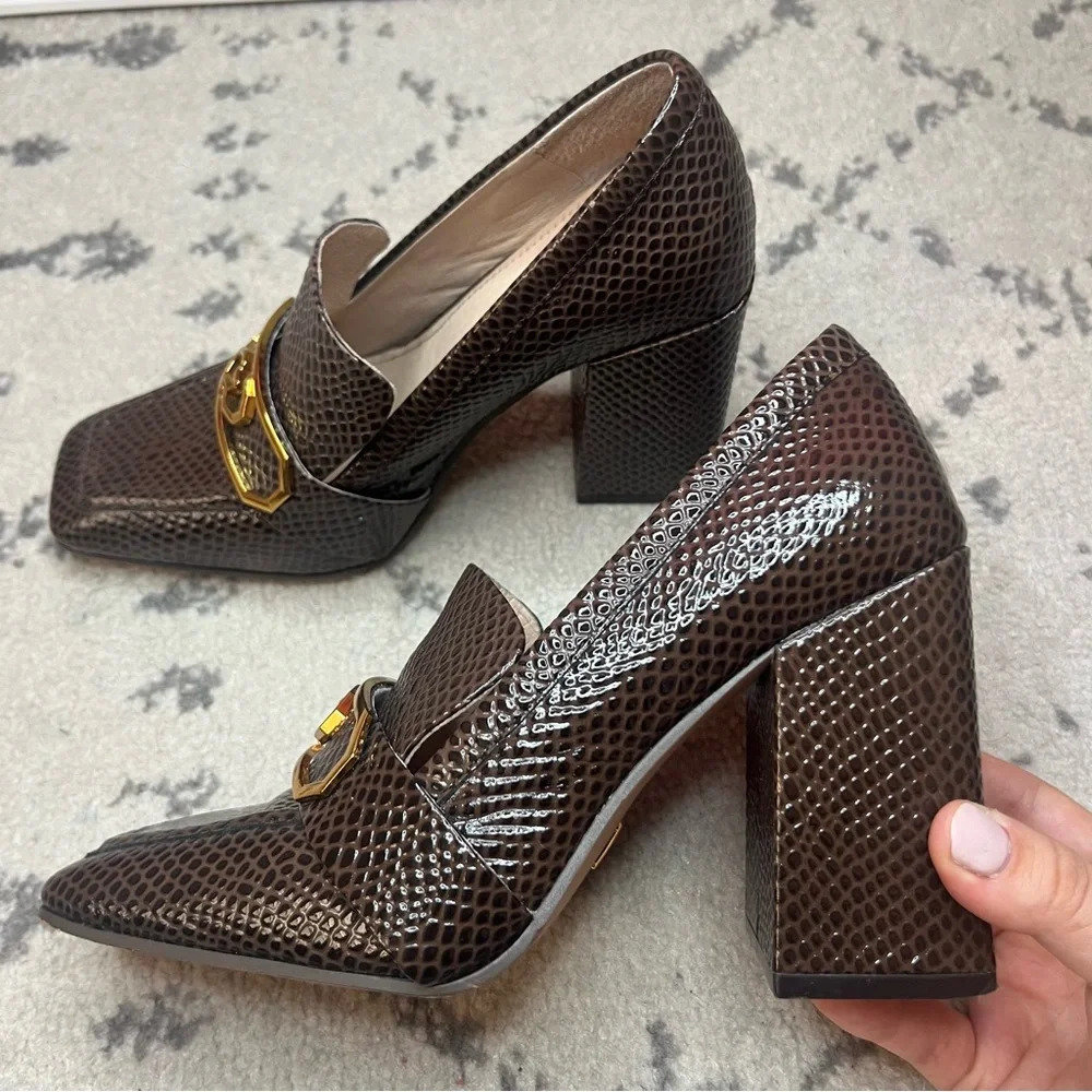 Louise et Cie Brown Textured Block Heel Loafers with Gold Accent  size 6M/6.5 - Picture 6 of 10